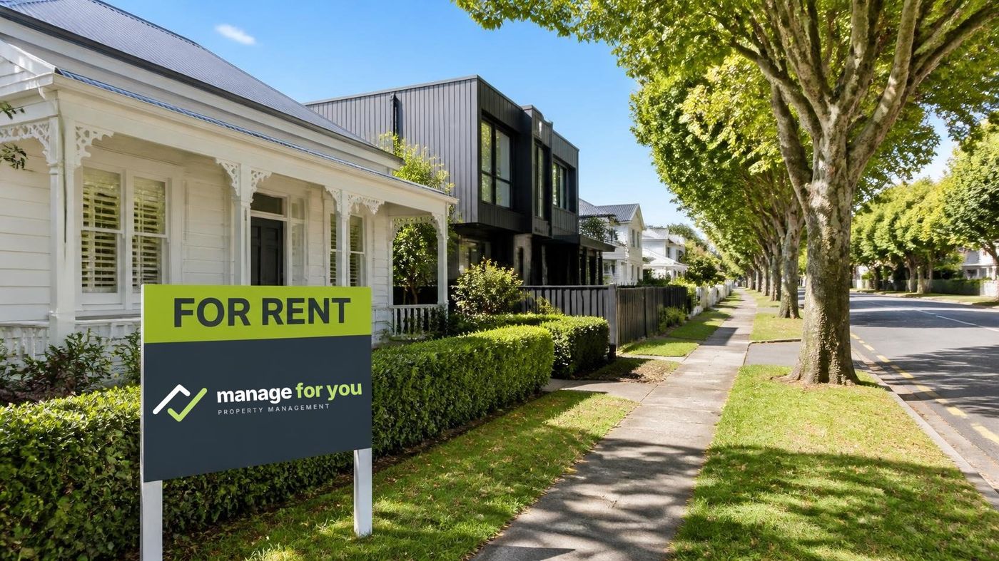 Auckland street of villas and townhouses with a Manage For You FOR RENT sign