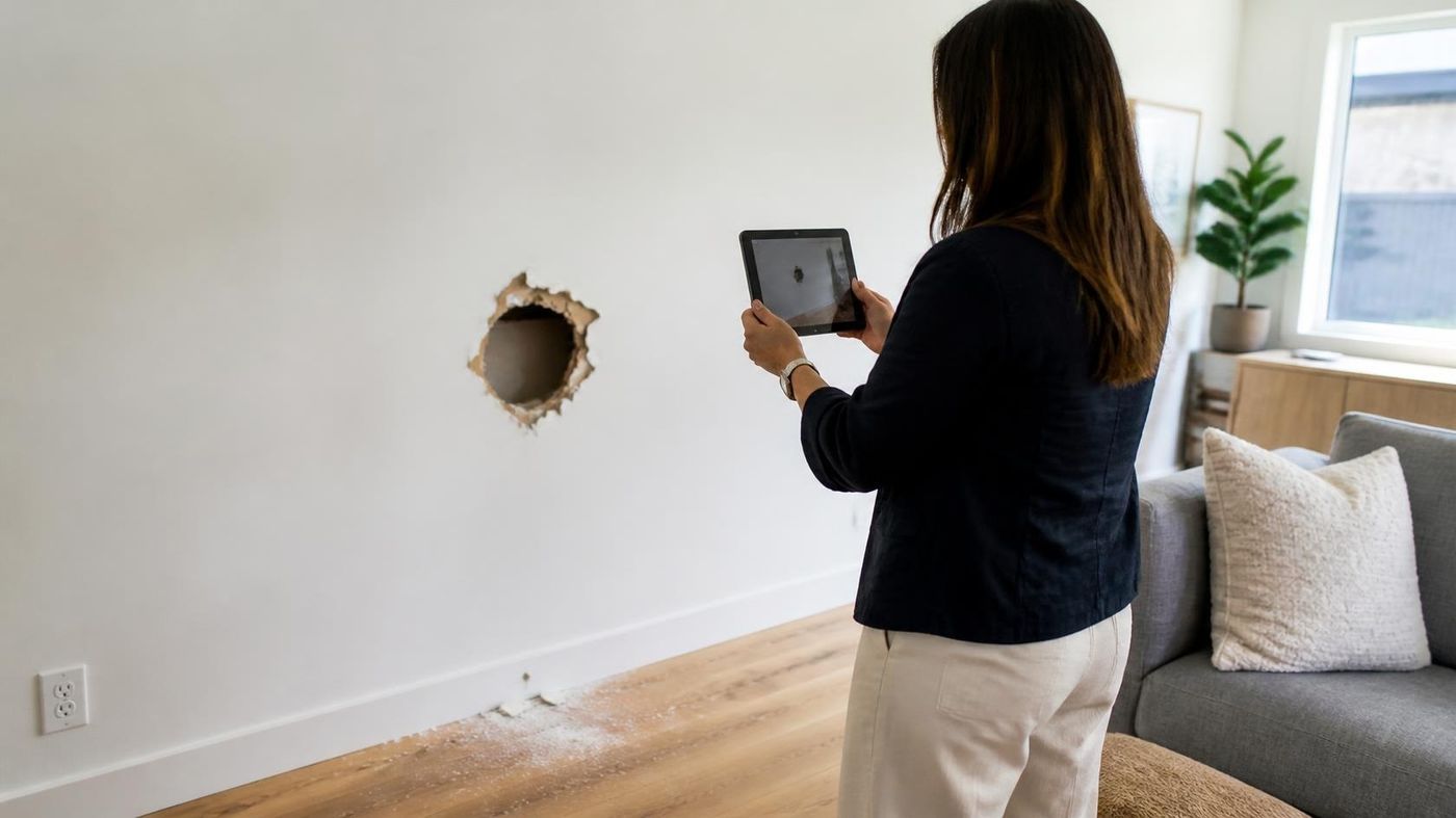 Property manager photographing wall damage during a rental inspection