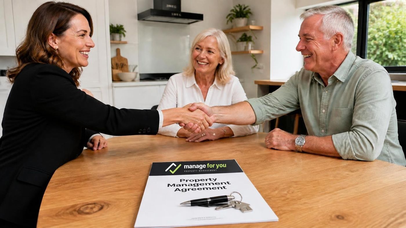 Property manager shaking hands with landlords over a Manage For You management agreement