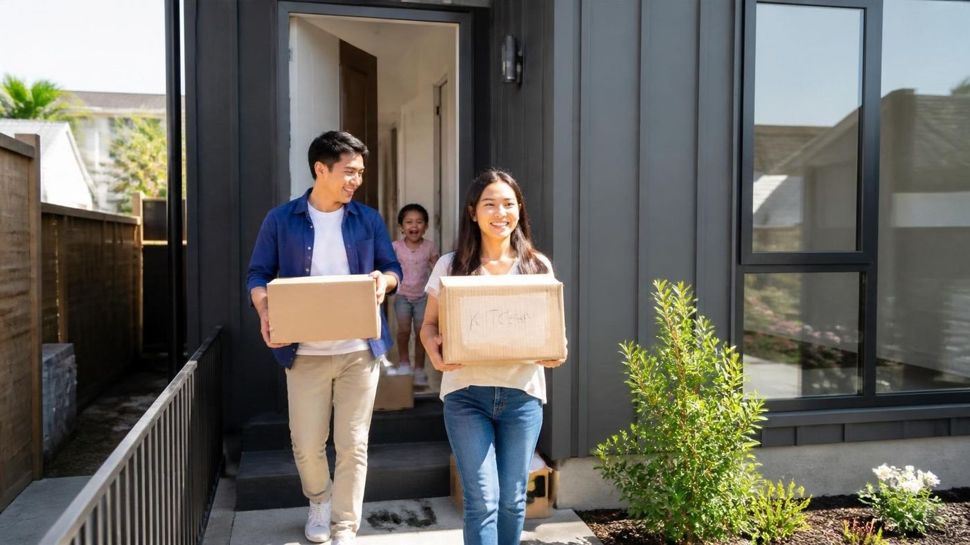 Young family carrying moving boxes out of an Auckland townhouse